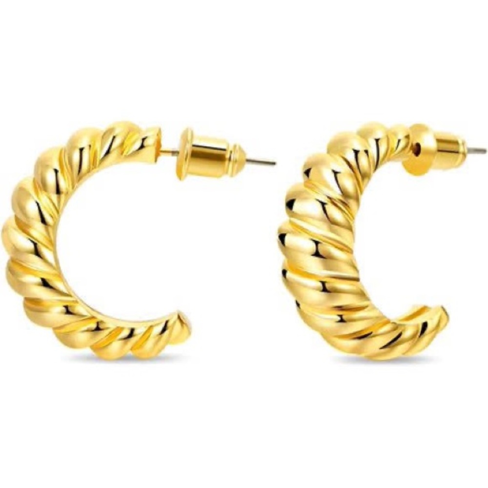 New 18k Gold Plated Twist Puffed Small Hoop Push Back Stud Minimalist Earrings